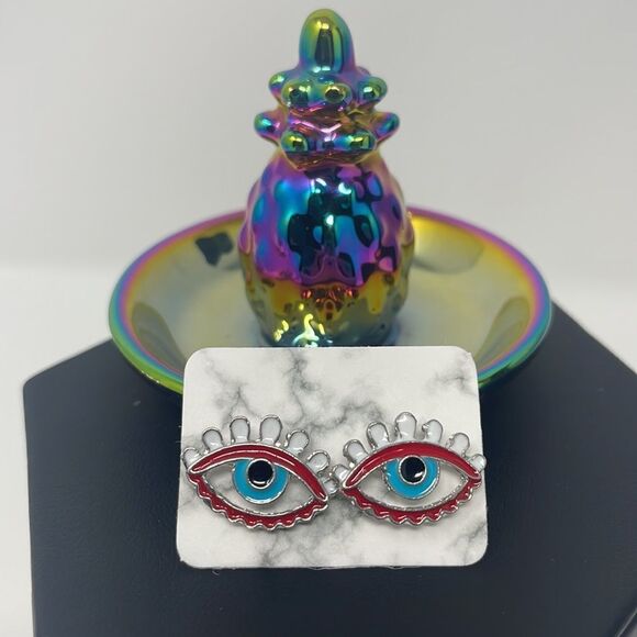 Red Evil Eye Gold Post Earrings - Picture 5 of 8